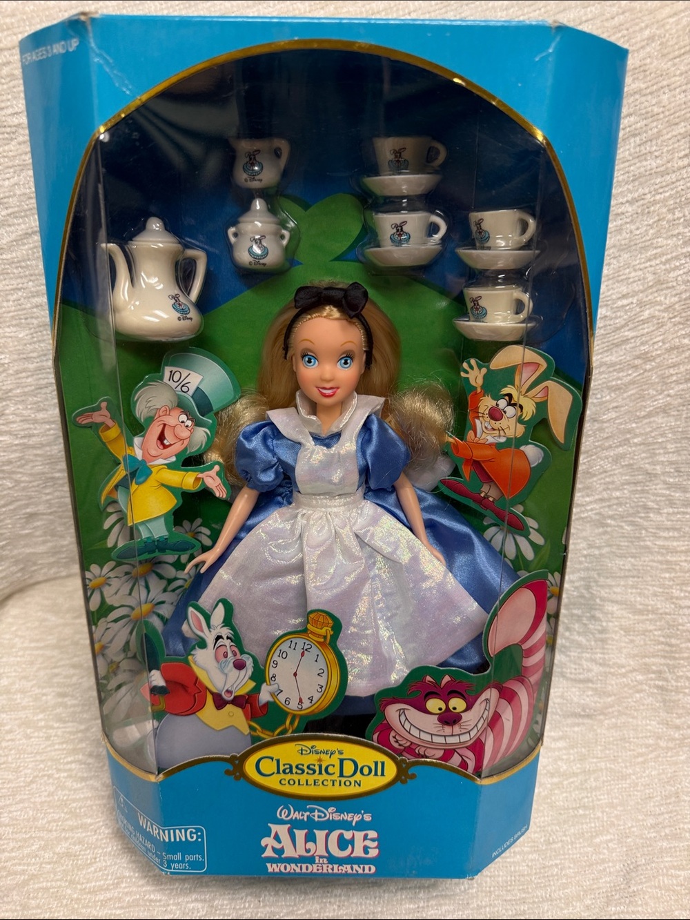 Vintage 2000 Disney Alice in Wonderland Doll in Blue & White Dress with Tea Set